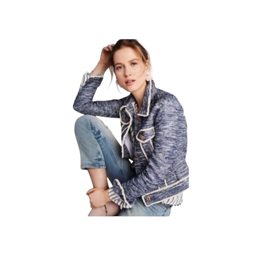 Anthropologie Ett:Twa Blue Tweed Trucker Jacket – XS – Textured Trim - Picture 2 of 16